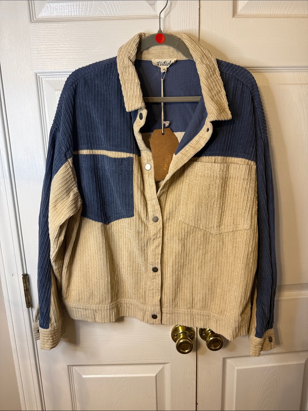 Listicle Two-Tone Corduroy Shacket Jacket - Navy & Cream